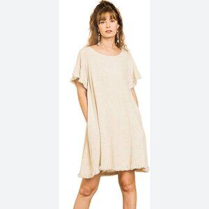 Umgee A-Line oatmeal short sleeve raw edge dress size small
